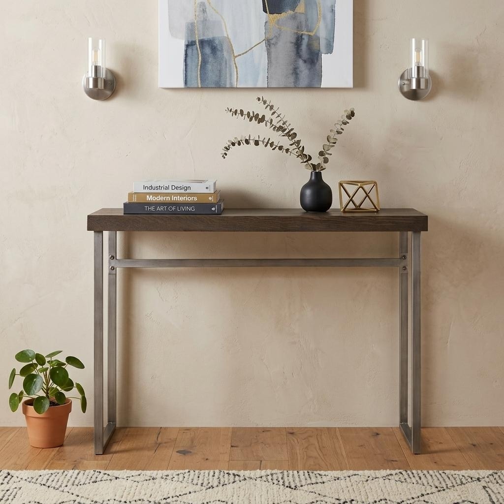 HomeRoots 46" Gray Brown and Silver Wood and Metal Distressed Sled Console Table - 46.00 in. x 30.00 in. x 18.25 in.