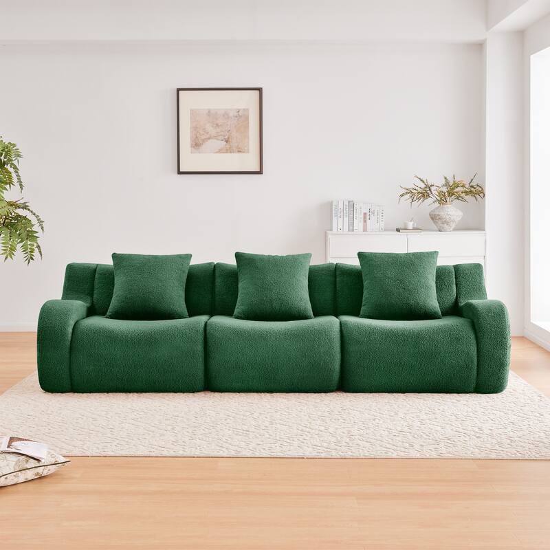 Roomfitters 3-Seat Teddy Fabric Boneless Sofa, No Assembly Streamlined Couch with 32D Sponge - Green