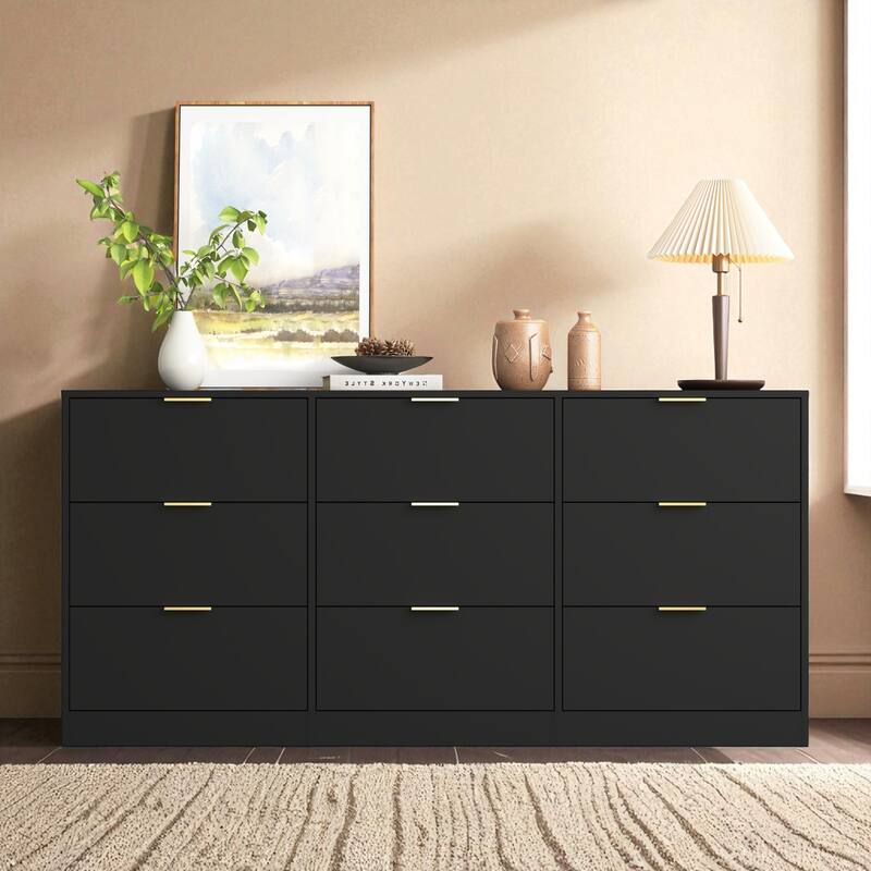 9 Drawer Dresser, 63" Wide Wooden Storage Cabinet with Golden Handles, Large Chest of Drawers for Bedroom and Hallway