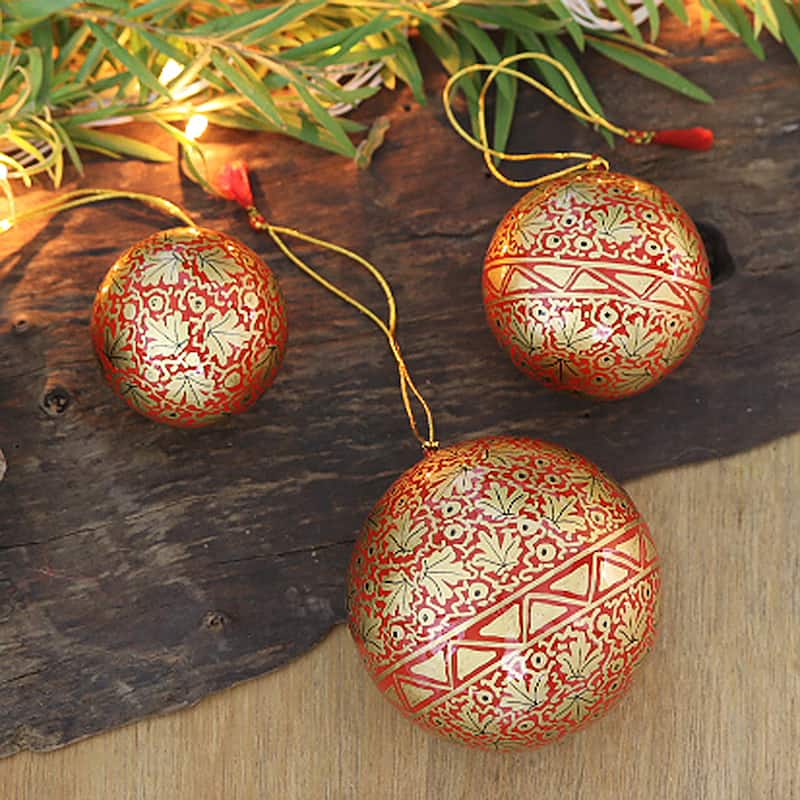 Novica Handmade Holiday Leaves Papier Mache Ornaments (Set Of 3)