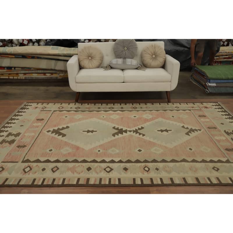 Hand Woven Oriental 100% Wool Carpet Southwestern Tribal Oranges & Rust Kilim Area Rug - 9' 8'' X 6' 6''