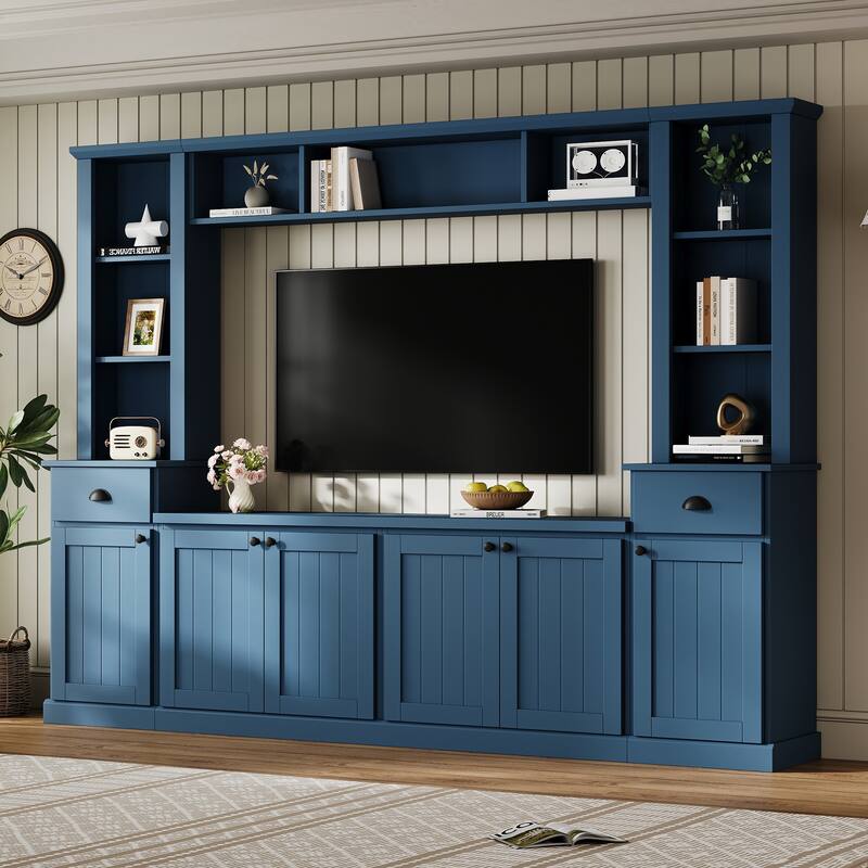 Modern Entertainment Wall Unit with Bridge, TV Stand for Up to 75" TVs, Large Media Console with Adjustable Shelves - Blue