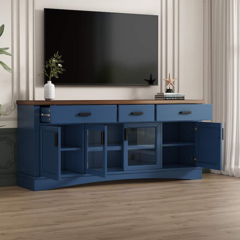 Entertainment Center with Glass Doors, TV Stand with Drawers, Media Console Table with Adjustable Shelves - Blue
