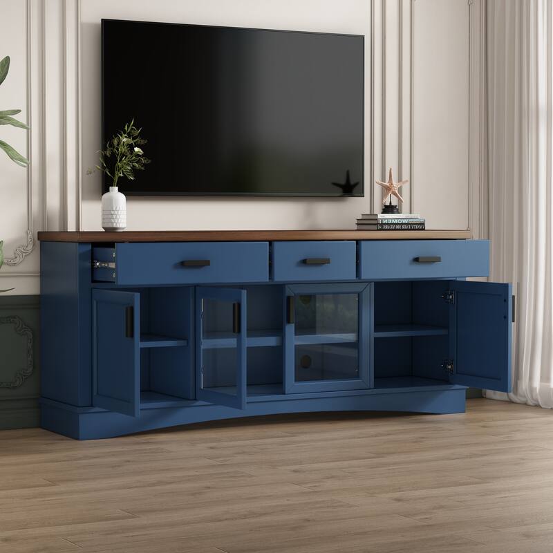 Modern TV Stand, Multi-Functional TV Stand with 3 Drawer, Glass Doors and 3 Adjustable Shelves, for Living Rooms, Blue