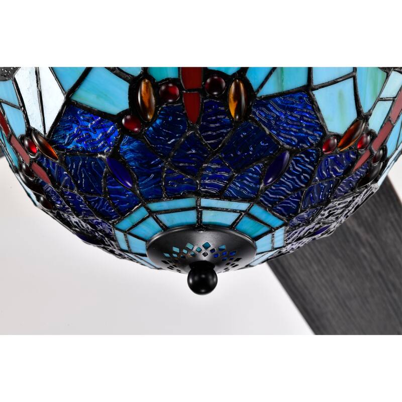 Pluvey 52-Inch Flushmount Lighted Ceiling Fan Blue Red Draginfly Tiffany Glass Lamp Black Finish