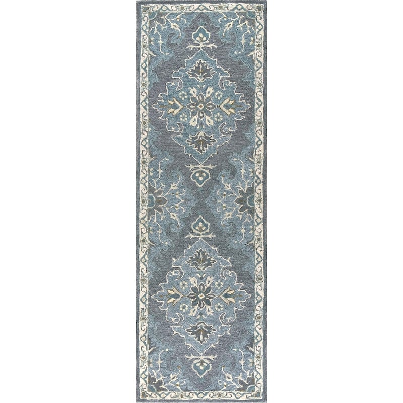 Alora Decor Cascade Floral Medallion Hand-Tufted Wool Area Rug. - 8' Runner - Blue Gray