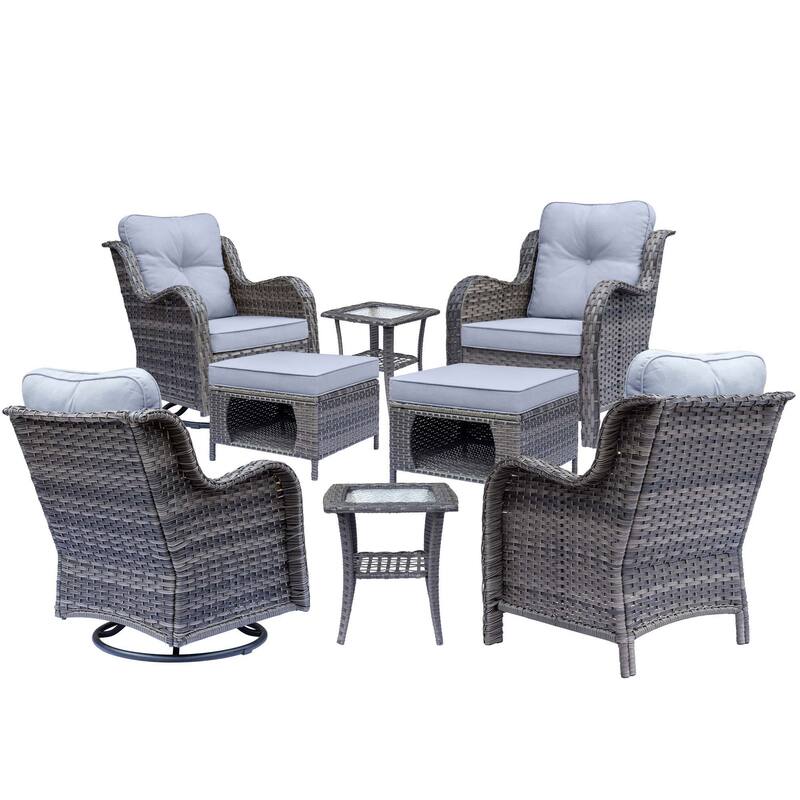 8 Piece Outdoor Wicker Patio Furniture Swivel Glider Chair Ottoman Set