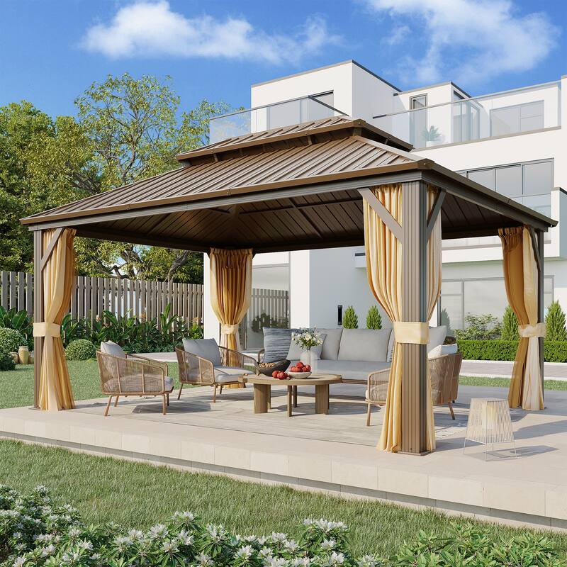 Erommy Hardtop Gazebo with Galvanized Steel Double Roof & Aluminum Frame, Outdoor Gazebo with Curtains and Nettings - 12' x 16'