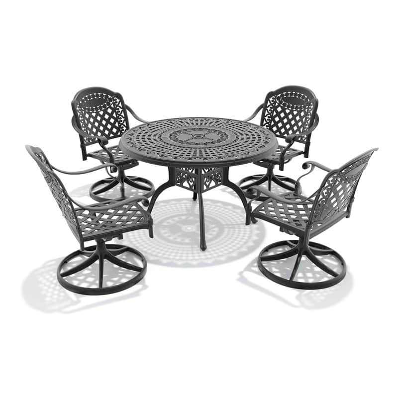 5-Piece Aluminum Round Outdoor Patio Dining Set, 4 Cushioned Swivel Chairs, Table, All-Weather Frames