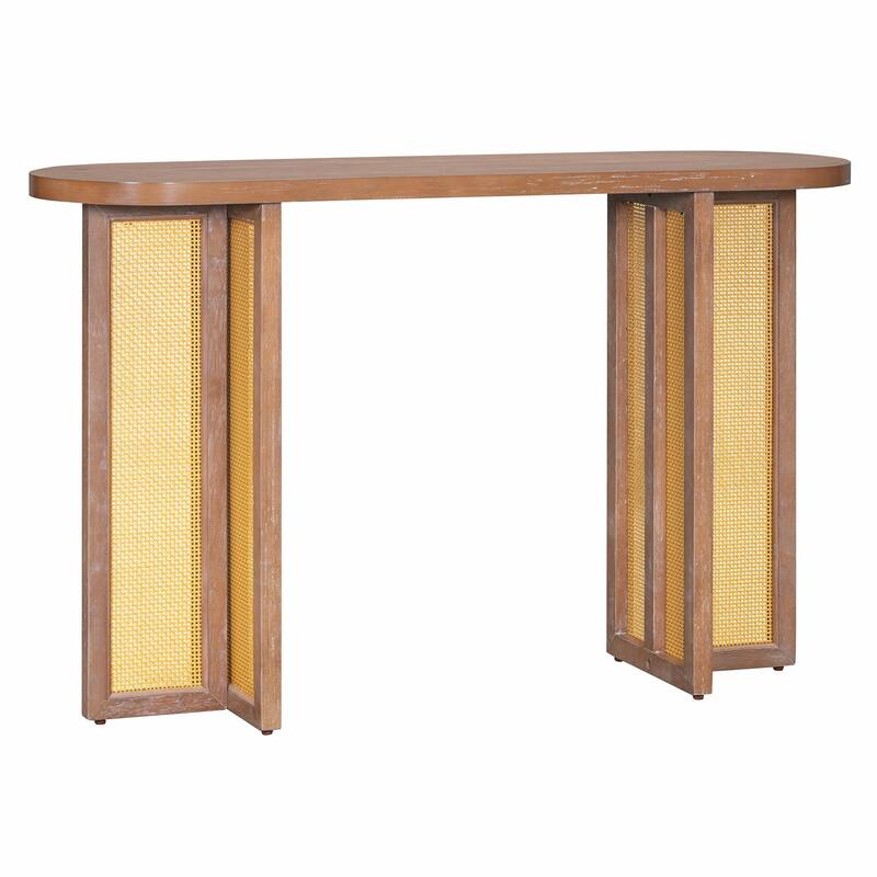 Farmhouse Rattan Console Table - Narrow Entryway Table with Storage
