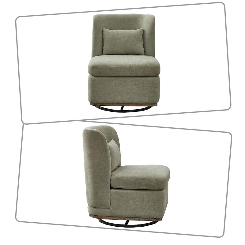 Modern minimalist sofa chair with pillows and metal swivel base for bedroom living room den