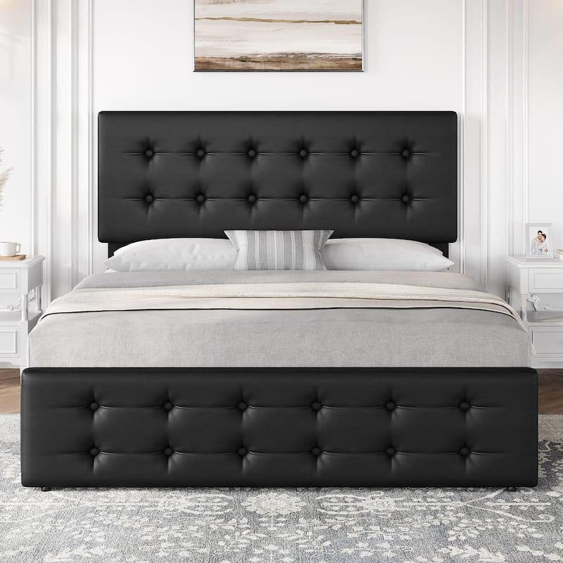 Bed Frame with 4 Storage Drawers and Headboard - Black_Queen - Queen