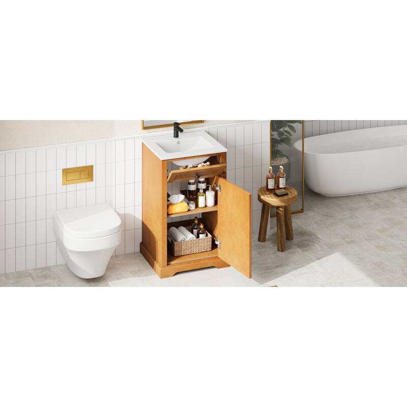 Roomfitters 20 Inch Bathroom Vanity with Integrated Ceramic Sink, Solid Wood Frame Storage Cabinet for Small Rooms, Natural Wood