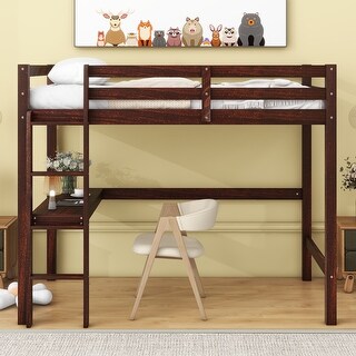 Twin Pine Wood Loft Bed w/Built-in Desk, Ladder, Guard Rails, Espresso