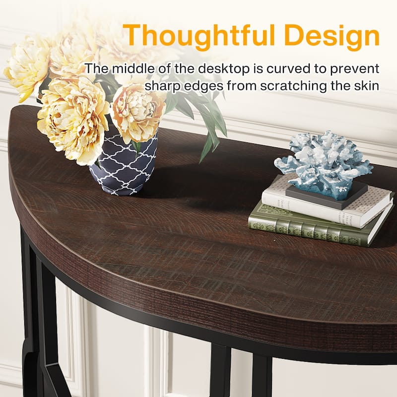 43" Half Moon Console Table for Entryway, Industrial Semi Circle Sofa Table with Geometric Base