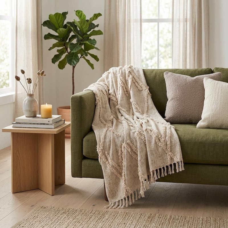HomeRoots 60" X 50" Beige Woven Cotton Geometric Throw Blanket with Fringe - Throw - Beige