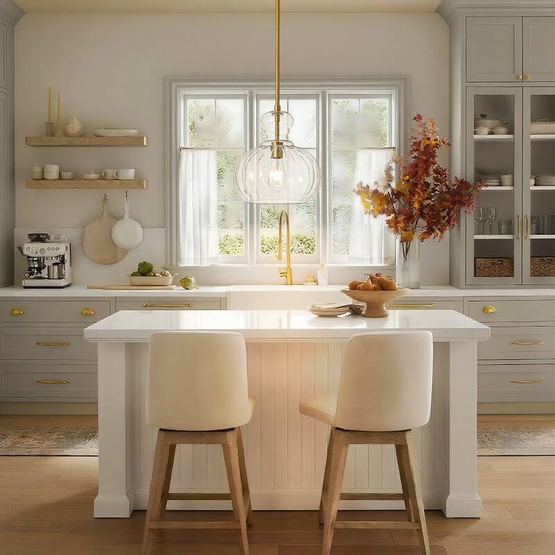 11" W Modern Traditional 1-Light Black/Gold Pendant Light with Clear Ribbed Pumpkin-shaped Glass Shade