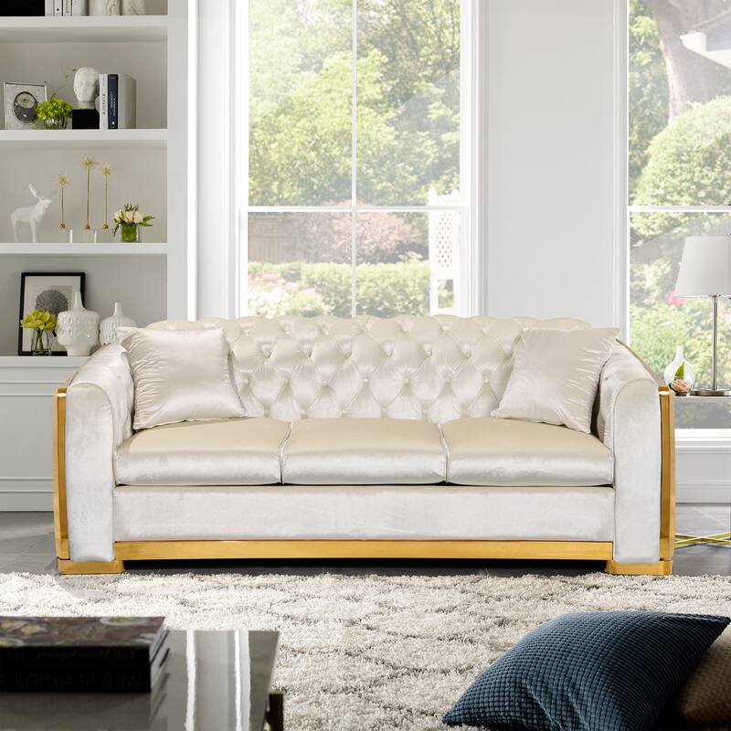 High-End European Design Velvet Chesterfield Sofa with Gold Stainless Steel Legs - 3-Seat Couch - White