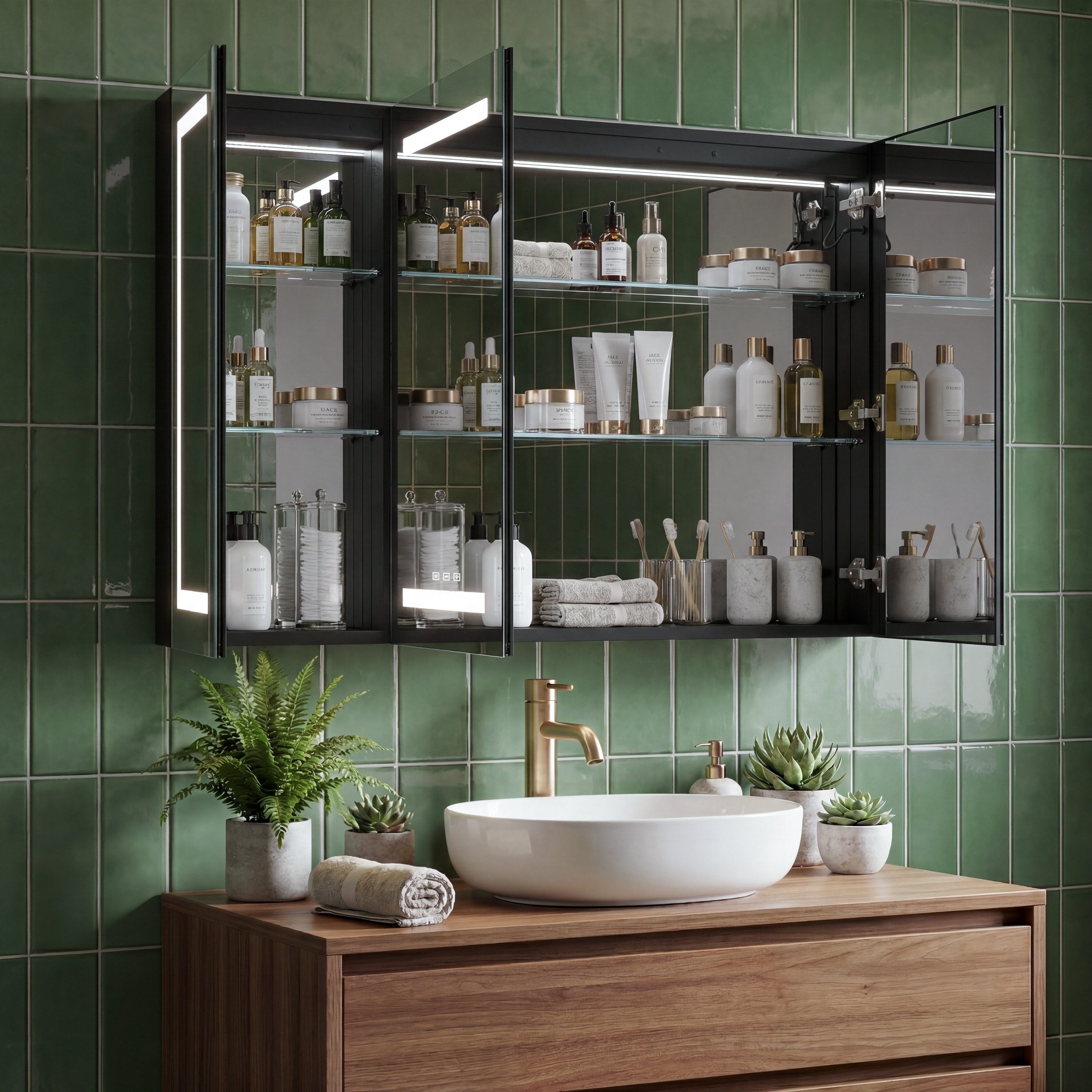 LED Bathroom Medicine Cabinet with Mirror, Hidden Storage, Dimmable 3-Color Light, Anti-Fog, Touch Sensor, Wall Mount