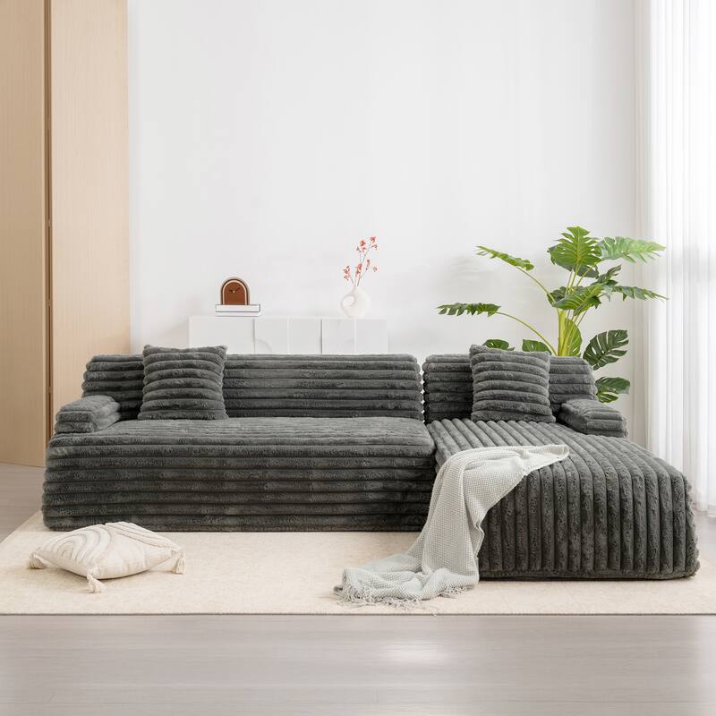 L Shape Modular Sectional Sofa with Chaise, Full-Compressed Boneless Couches, Faux Fur 3 Seat Sofa with 2 Throw Pillows
