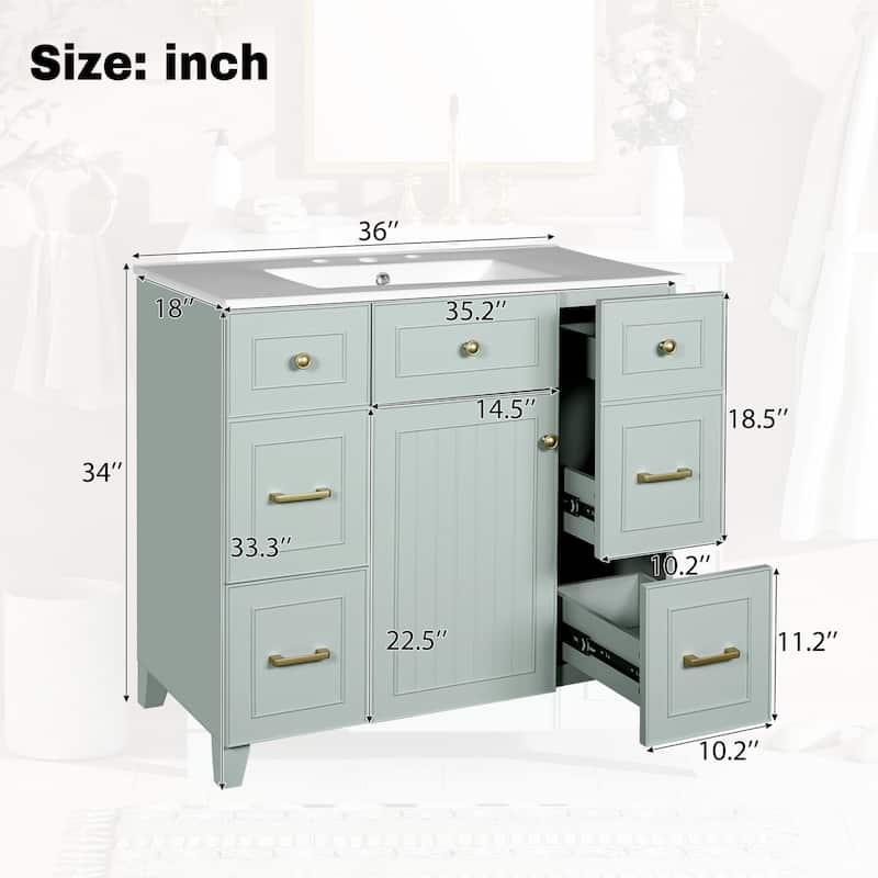 36" Green Bathroom Vanity with Ceramic Sink, Soft-Close Doors, 2 Double-Layer & 2 Standard Drawers, Adjustable Shelf