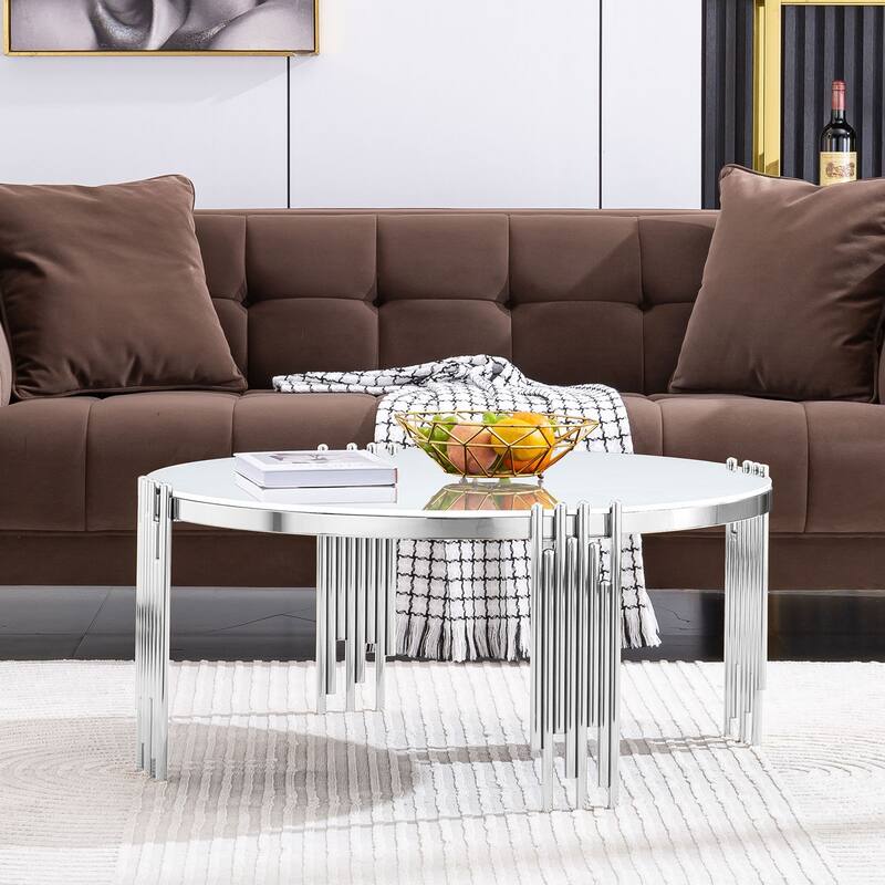Round Tempered Glass Coffee Table with 3 Tiers 360 Degrees Rotating Top