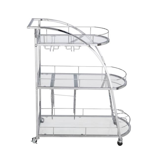 Mobile Bar Cart Serving Wine Cart with Wheels, 3-tier Metal Frame Elegant Wine Storage - Silver