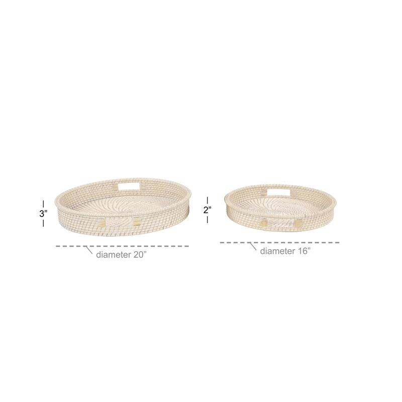 Cream Rattan Living Room Decor Tray with Slot Handles (Set of 2) - 20 x 20 x 3Round