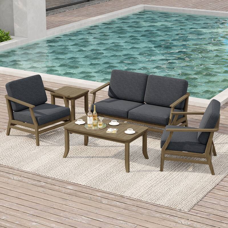 Outdoor Conversation Set Patio Chair, Loveseat with Tables - Natural Wood - Dark Grey