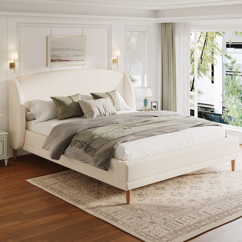 Boucle Upholstered Platform Bed with Rounded Corner Wingback Headboard - White - King