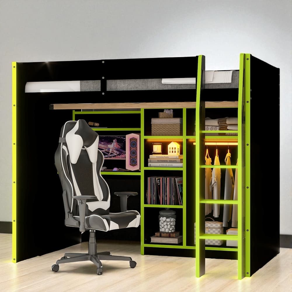 Full Size Wood Loft Bed with Desk, Open Wardrobe, Shelves and RGB LED Lights for Gaming & Storage