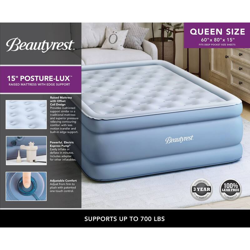 Beautyrest Posture Lux 15 in. Air Mattress with External Pump - Inflatable Bed with Comfort Coil Support