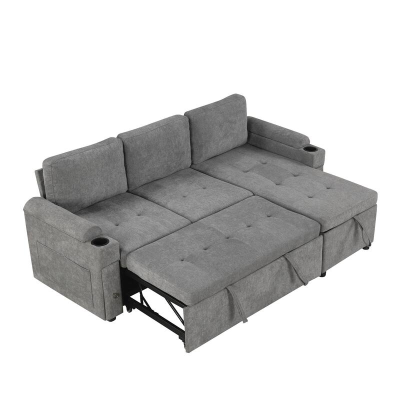 L-Shaped Convertible Sofa Bed with Reversible Chaise Lounge, Chenille Fabric Sectional Sofa with 2 Cup Holders & 2 USB Ports