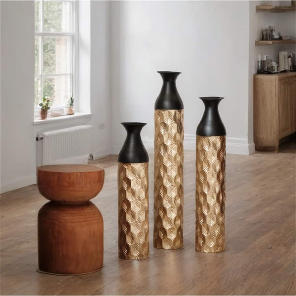 Decorated Floor Glazed Metal Vases (Set of 3)