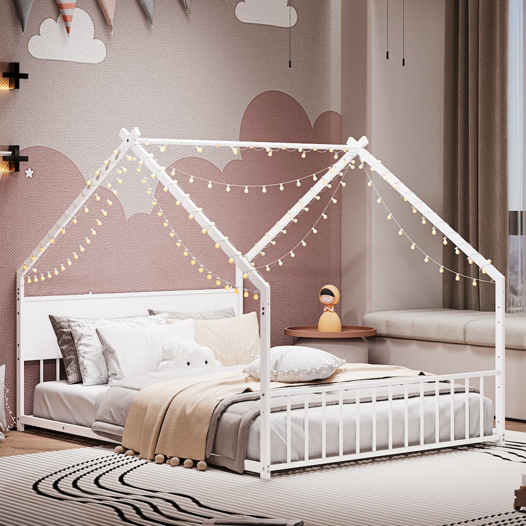 Full Size House Bed with Roof and Colorful Lights, Metal Bed Frame with Slats and Legs, for Boy, Girls and Young Teens
