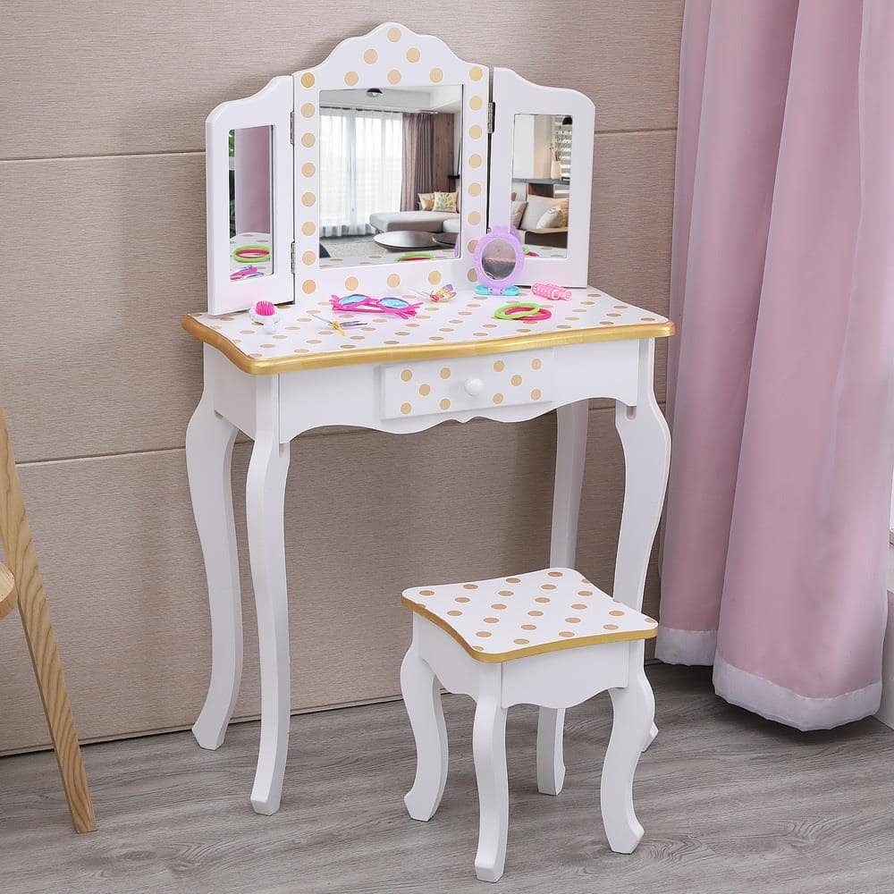 Kids Vanity Table and Stool Set Pretend Play Princess Makeup Dressing Table with 3 Mirrors