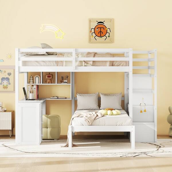 slide 2 of 14, Full Over Twin Bunk Bed Frame with Drawers and Shelves, Desk White - Desk - Full