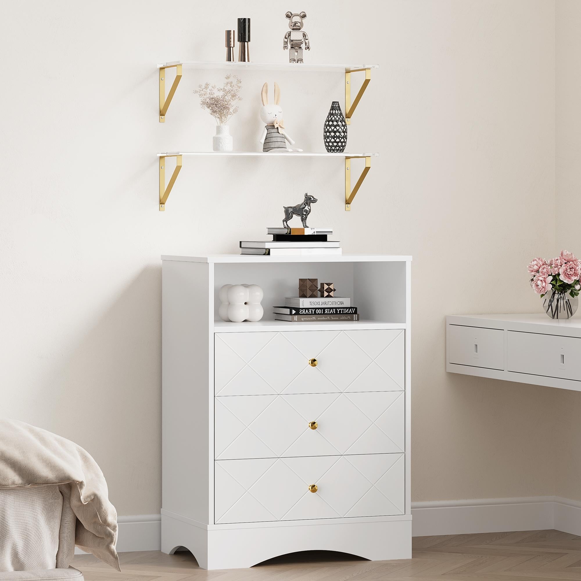 floating dresser Makeup Vanity for Wall, White Corner Floating Desk Dresser, Wall Mounted Floating Dressing Table with Storage, Small Wood Vanity Desk with Mirror and Lights, Bedside Vanity with Shelf Bedroom and one Walnut Floating Dresser, Mid Century