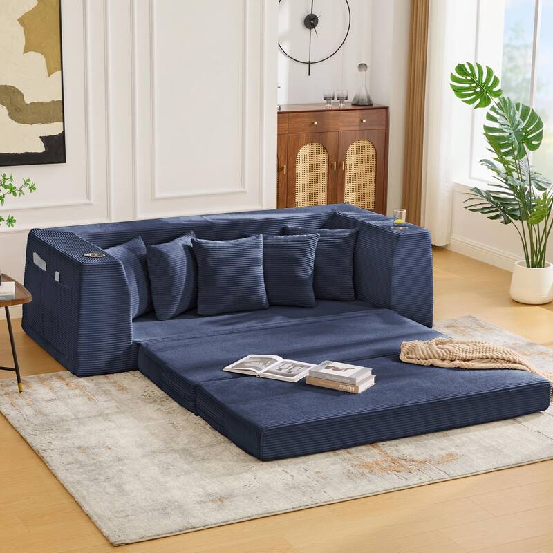 2 in 1 Convertible Sofa Bed, Sleeper Sofa with Storage Pockets, Pull Out Loveseat Couch with Two Cup Holders