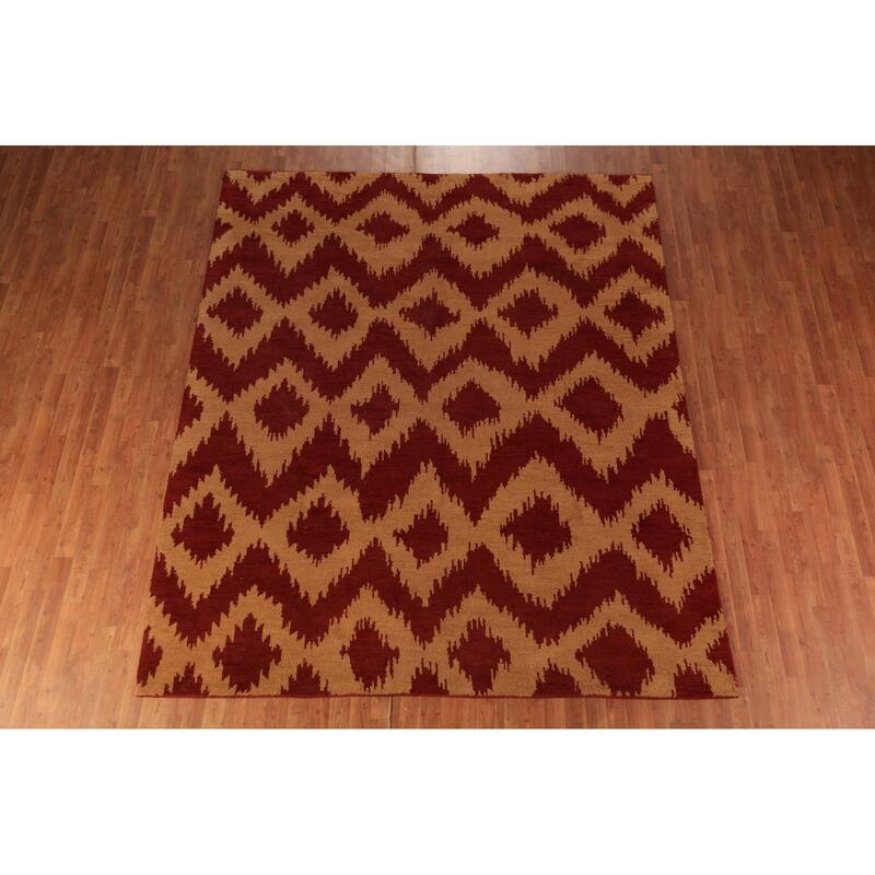 Hand Knotted Oriental 100% Wool Carpet Modern Geometric Red Moroccan Area Rug - 9' 7'' X 7' 11''