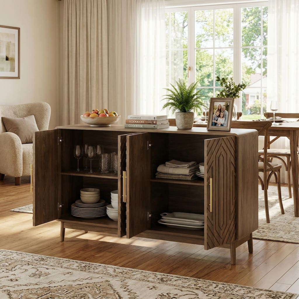 Homy Casa Mid-Century Doors Sideboard Buffet Cabinet with Adjustable Shelves
