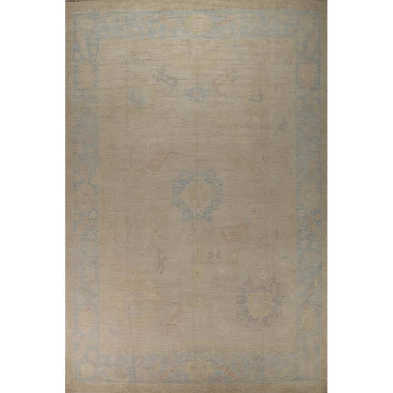 Vegetable Dye Oushak Turkish Large Rug Hand-Knotted Beige Wool Carpet - 10'0"x 14'7"