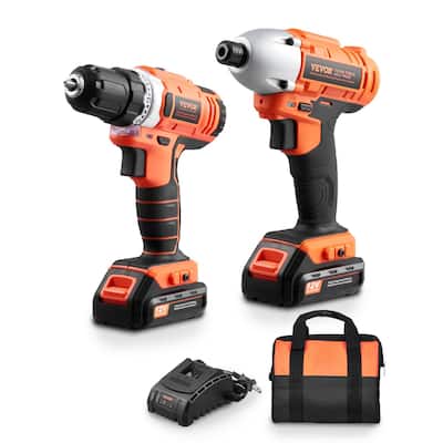 Black and Orange 12V Cordless 2 Tool Power Drill and Impact Driver Set with 2Ah Batteries and Fast Charger