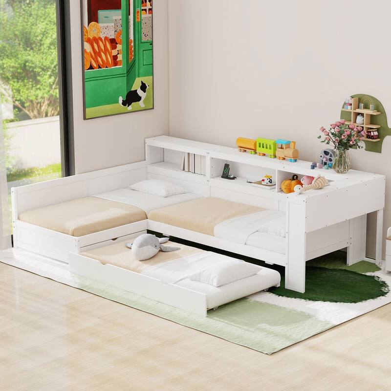 Wood Twin Size L-Shaped Platform Bed With Trundle And A Drawer