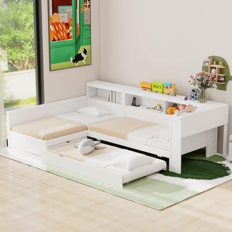 Wood Twin Size L-shaped Platform Bed with Trundle and a Drawer