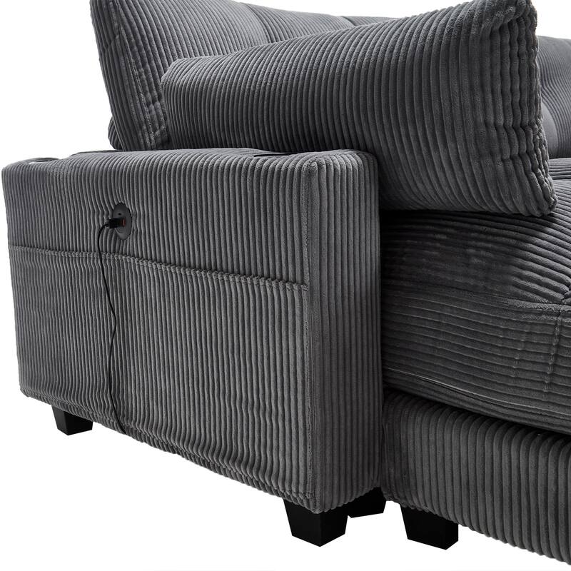 Oversized Corduroy Upholstered Single Chaise Lounge Sofa Couch Switchable Armrest with Cup Holders, USB Ports and Pockets
