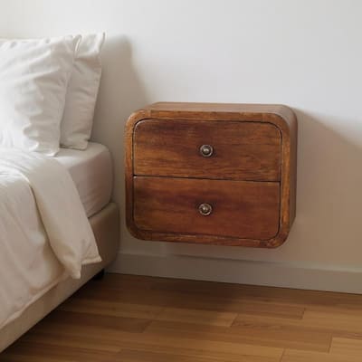 HomeRoots 12" Chestnut Solid Wood Two Drawer Floating Nightstand