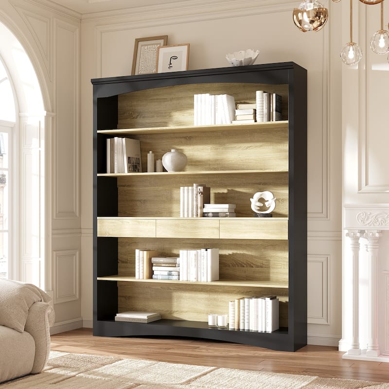 65" Tall Bookshelf with Drawers, Extra-Wide Storage Shelf Unit, Adjustable Wood Bookcase, Modern Display Cabinet