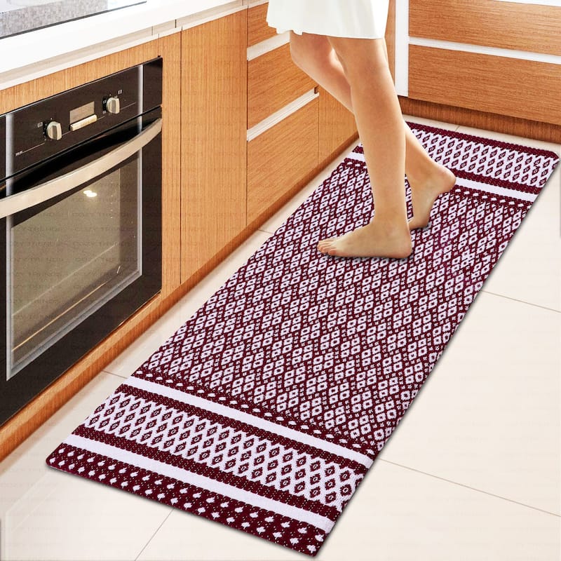 Woven Cotton Anti-Fatigue Anti-Skid Cushioned Mats - Versatile Comfort for Kitchen, Doormat, and Bathroom - 18''X48'' - Burgundy