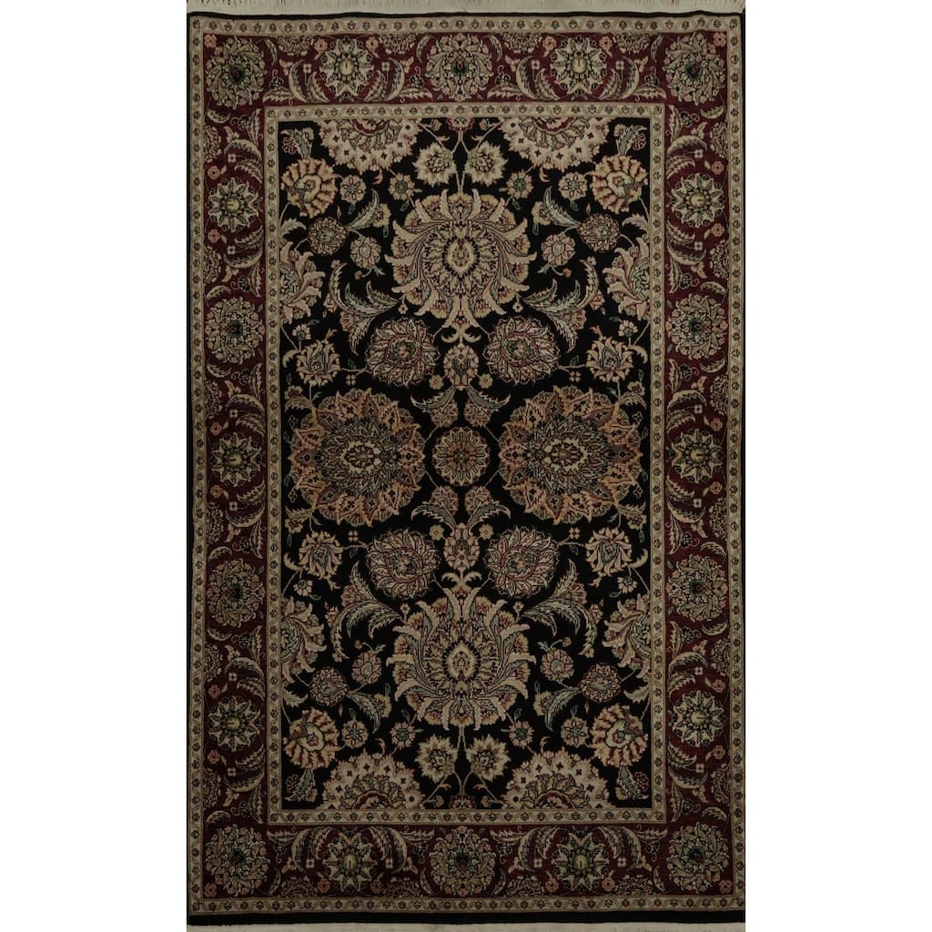 Hand Knotted Oriental 100% Wool Carpet Traditional Floral Black Agra Area Rug - 6' 1'' X 3' 10''
